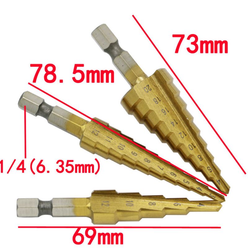 3pcs/set 3-12mm 4-12mm 4-20mm Step Cone Drill Bit Hexagonal Shank High Speed Steel Hole Cutter
