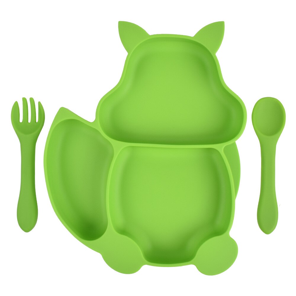 Baby Feeding Set Blue Silicone Suction Plate Squirrel Shape Self Feeding Training Stay Put Plate Soft Spoon Fork Dish Kit: 6