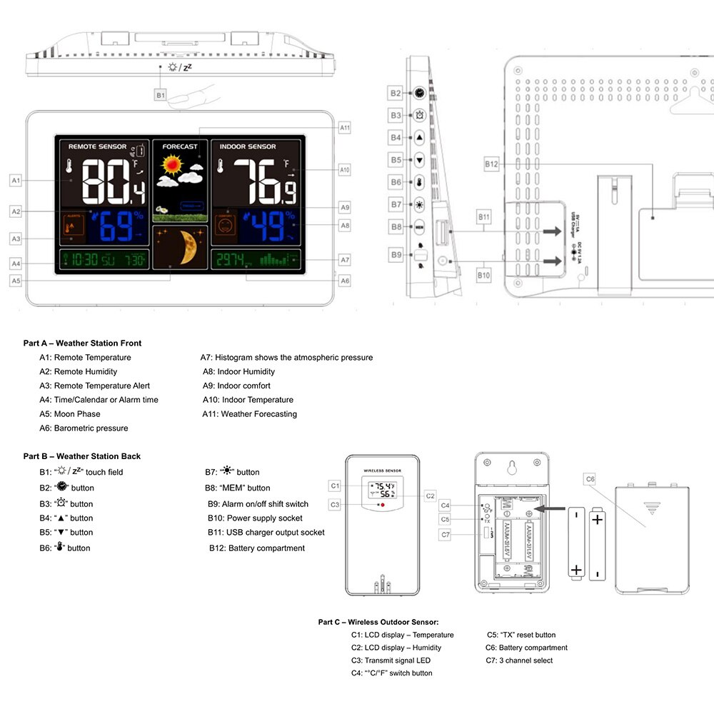 Digitale Weerstation Wireless Indoor Outdoor Sensor Thermometer Hygrometer Klok
