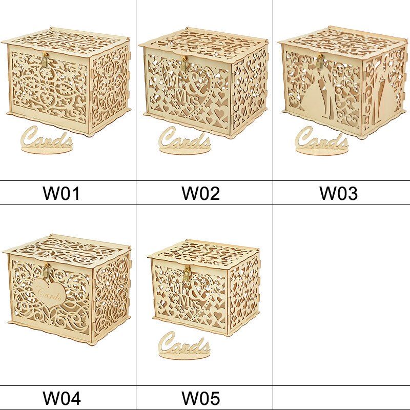 Wedding Card Boxes Hollow Mr &amp; Mrs Floral Pattern Envelope Wooden Box with Lock Wedding Party Favors DIY Decoration Supplie
