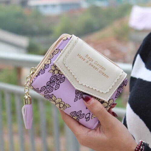 Söt handväska läder kort tofs dragkedja plånbok myntkorthållare mjukt läder telefonkort kvinnlig koppling: Lila