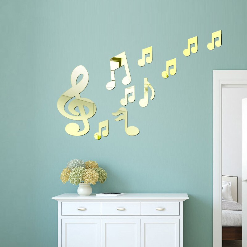 3D Musical Notes Acrylic Mirrors Wall Stickers Home Decor Living Room Decoration Wall Decoration Art DIY Sticker Decals: Light gold