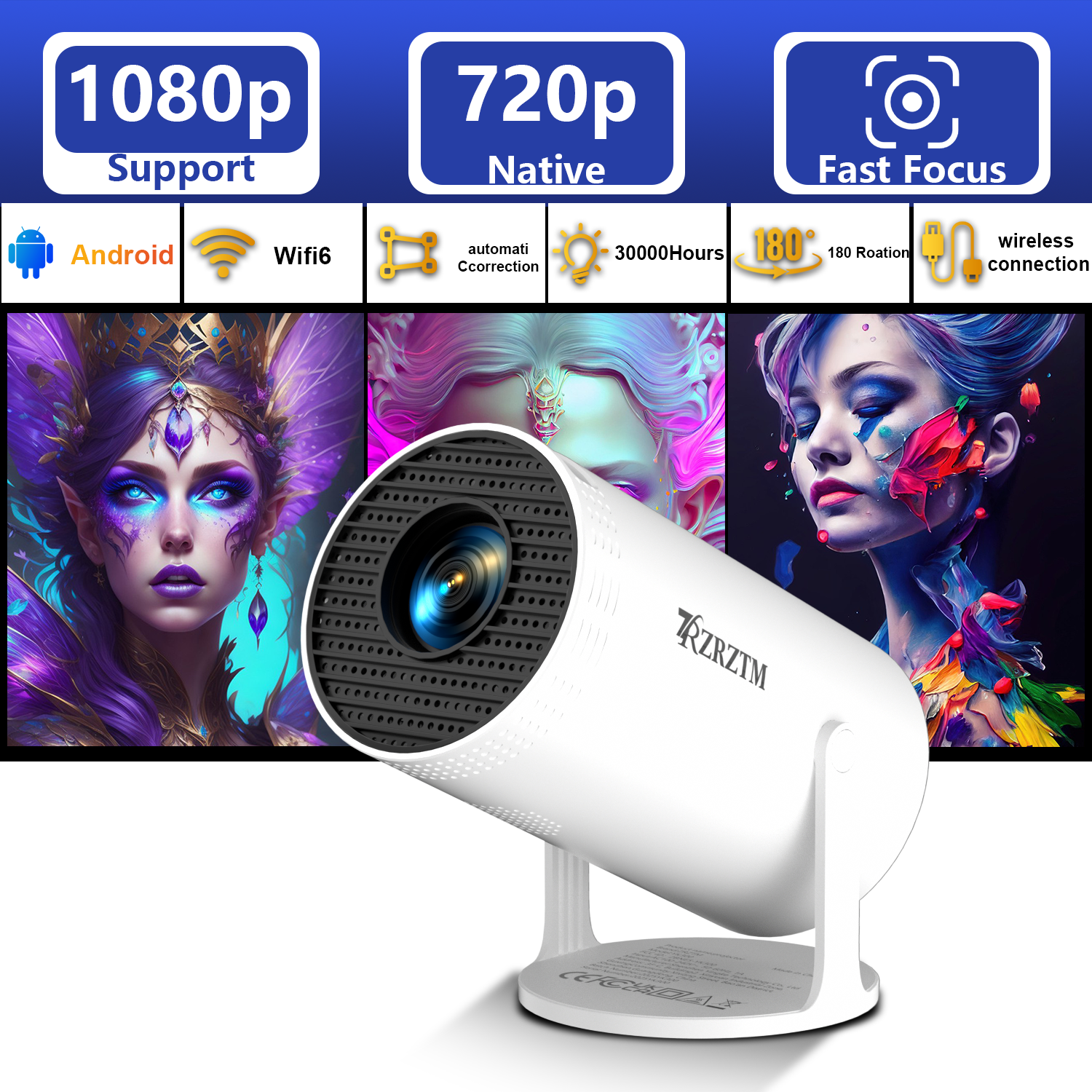 Intelligent high-definition projector, equipped with WiFi/BT5.0/Android system, supports 4K native/720P, 180 degree rotation, su
