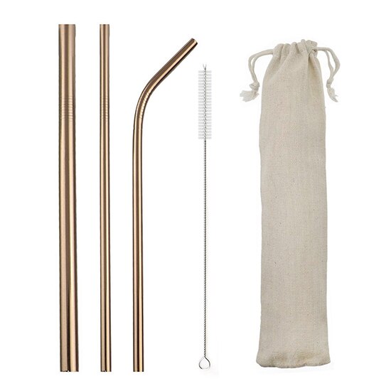 Konco Metal Straws Stainless steel reusable Straw Tea Coffee drinking Straws with clean brush Portable straw bags: rose golden