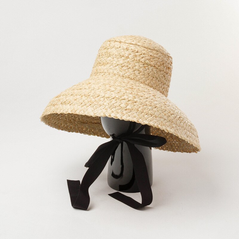 Retro flad top kvinder raffia sommer sol hatte håndlavet bandage strand hat engros 1125