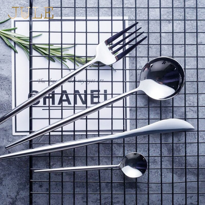 8-pieces Good Mirror Flatware Set 18/8 Stainless Steel Black Dining Knive Forks Scoop Cutlery Golden Restaurant Tableware Sets