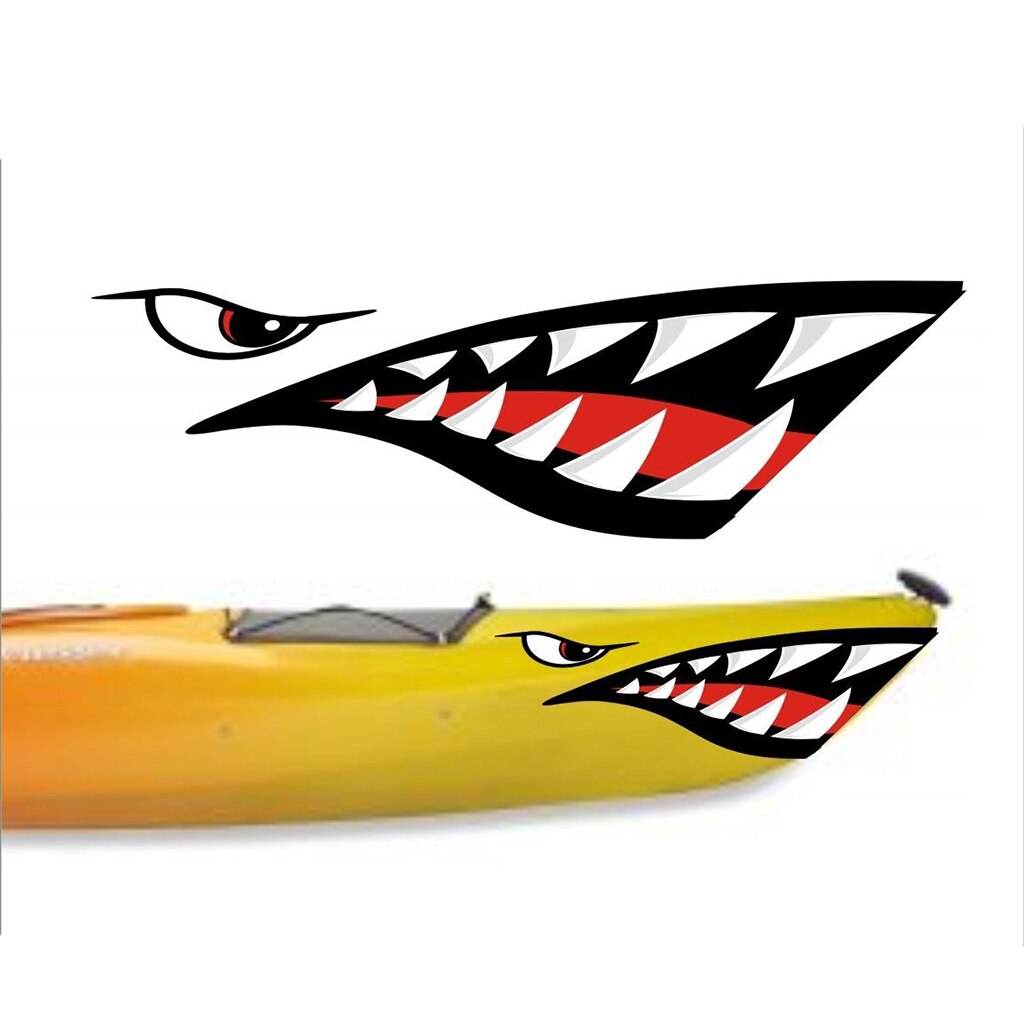 2 pegatinas de vinilo con dientes de tiburón para Kayak Jet Ski + llavero flotante con forma de tabla de surf blanca