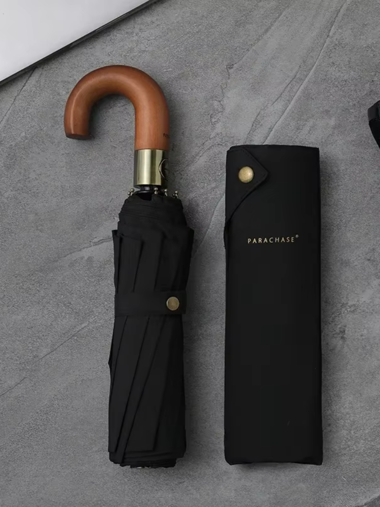 Parachase luxo guarda-chuva de madeira masculino estilo negócios dobrável guarda-chuva automático tamanho grande guarda-chuva golfe à prova vento forte 10 costelas: Preto