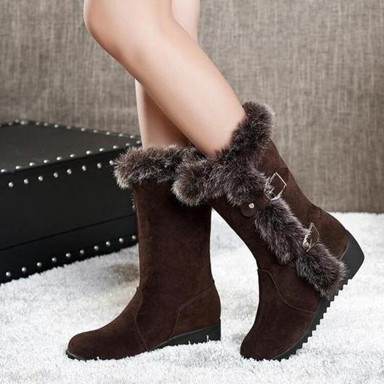 Vinter mid boots varmare plysch dam platta skor solid fuskpäls skor flickor långa stövlar kvinnliga snökängor kvinna