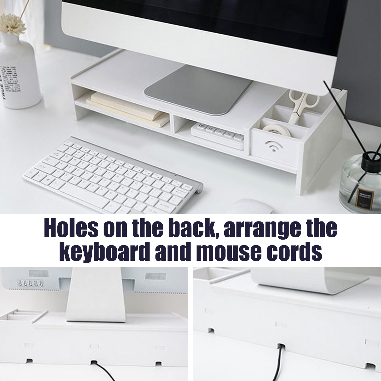 Besegad PC Computer Monitor Stand Riser Laptop Holder Wooden Desk Organizer Shelf Easy Assemble for Home School Office Desktop