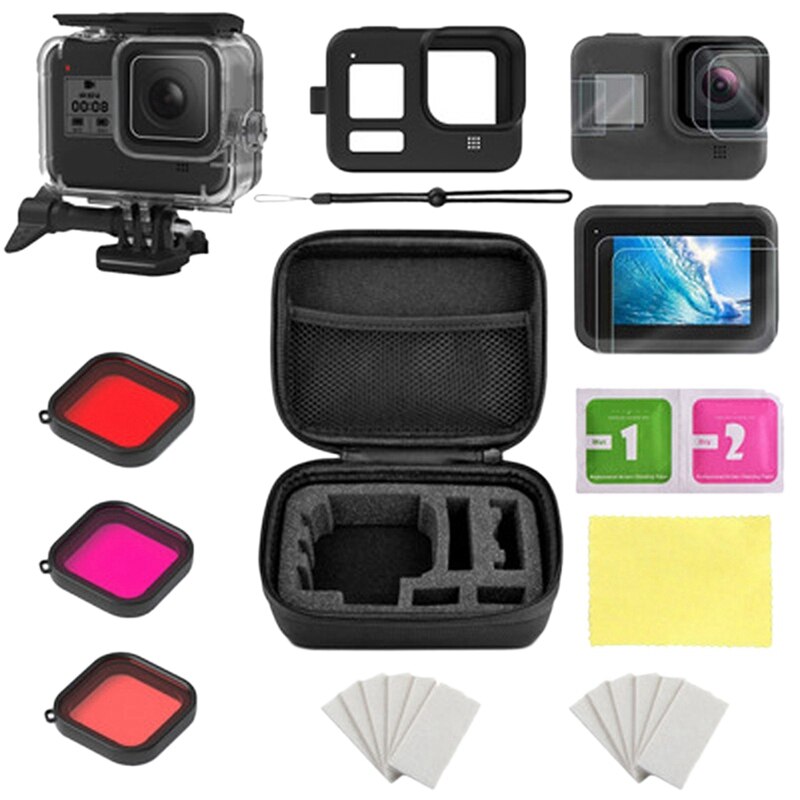 For gopro tilbehørssett for gopro hero 8 vanntett hus/oppbevaringsboks/silikonetui/herdet film/filtersett actionkamera: Default Title