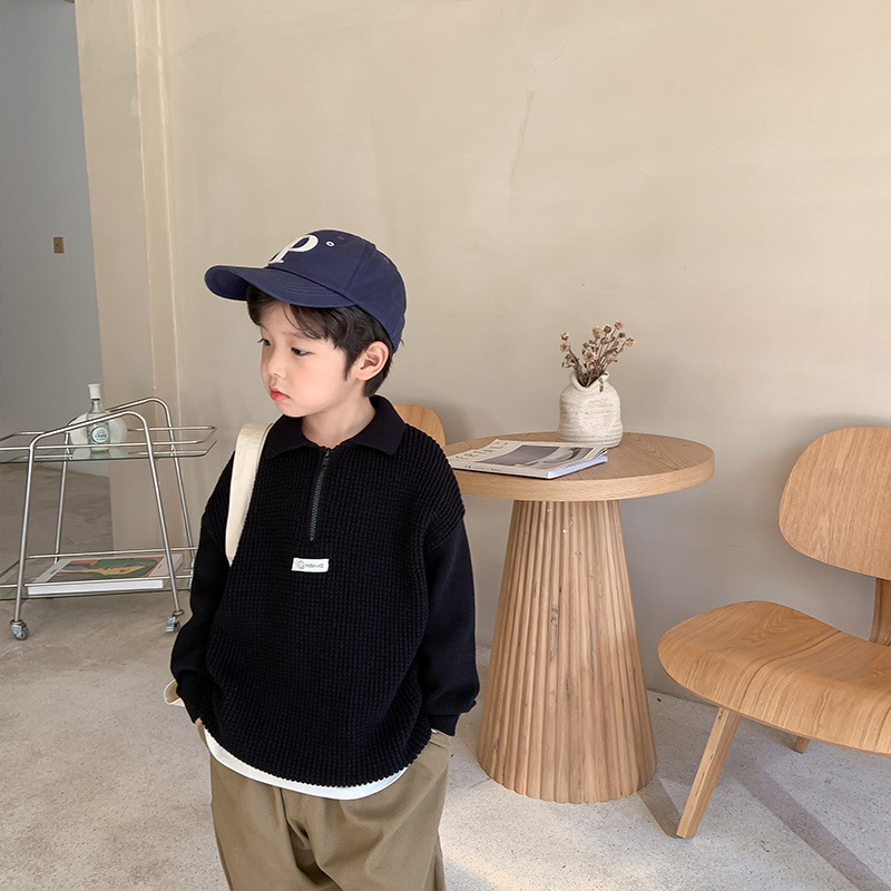 Primavera meninos de malha turn-down colarinho pullovers estilo coreano malhas crianças suéteres: Preto / 6 T