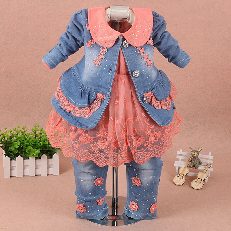 Niños conjunto, ropa de bebé niña 3 piezas traje de chaqueta pantalones de mezclilla otoño primavera ropa jeans para bebé niño chico Rosa kit de bebe