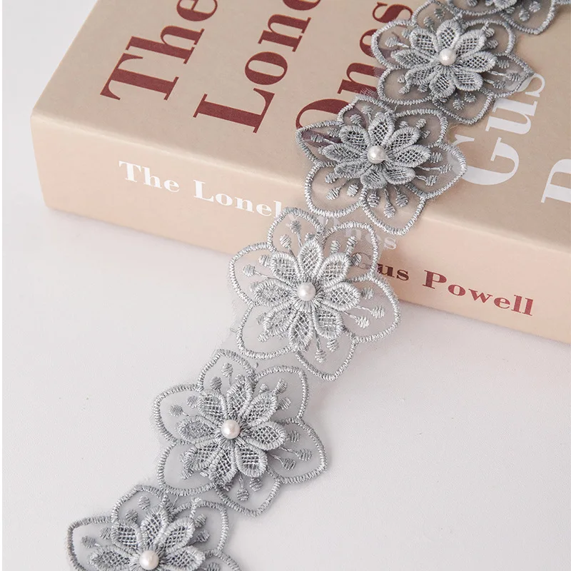 2 Yard Bloem Parel Kant Geborduurd Gebreide Zes Bloembladen Kralen Dubbellaags Trouwkleding Accessoires Diy Handgemaakte