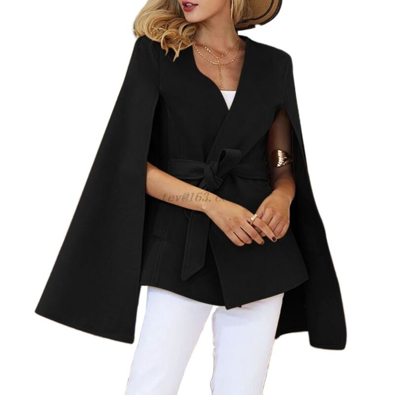 Femmes hiver Vintage manteau manches chauve-souris Poncho Cape ceinture taille Trench manteau M68A: Black / L