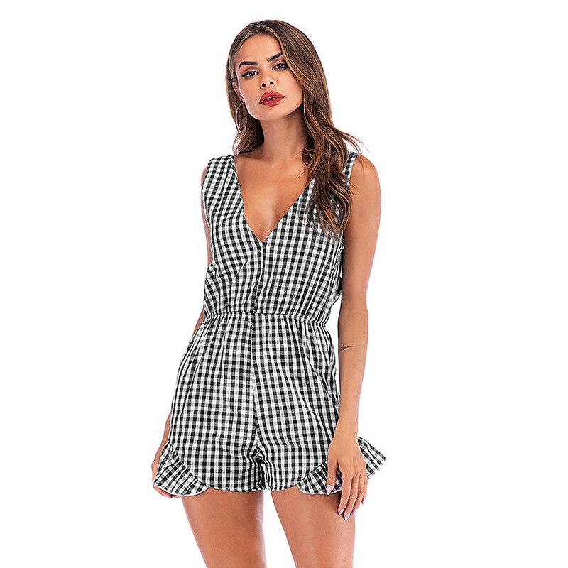 Femmes mince Plaid combinaison été vêtements de plage volants combishort dames barboteuse