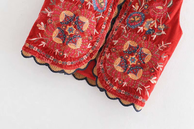 Kvinder vintage pailletter blomst broderi vest jakke damer retro national stil patchwork afslappet fløjl vest  ct154