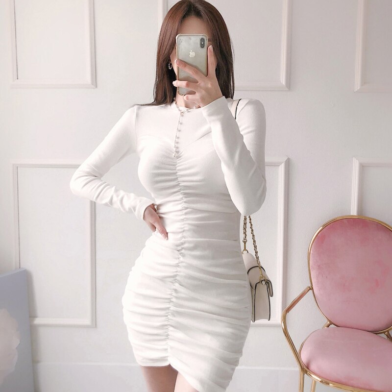 Korean Style O-neck Pleated Sexy Sheath Bodycon Dr... – Grandado