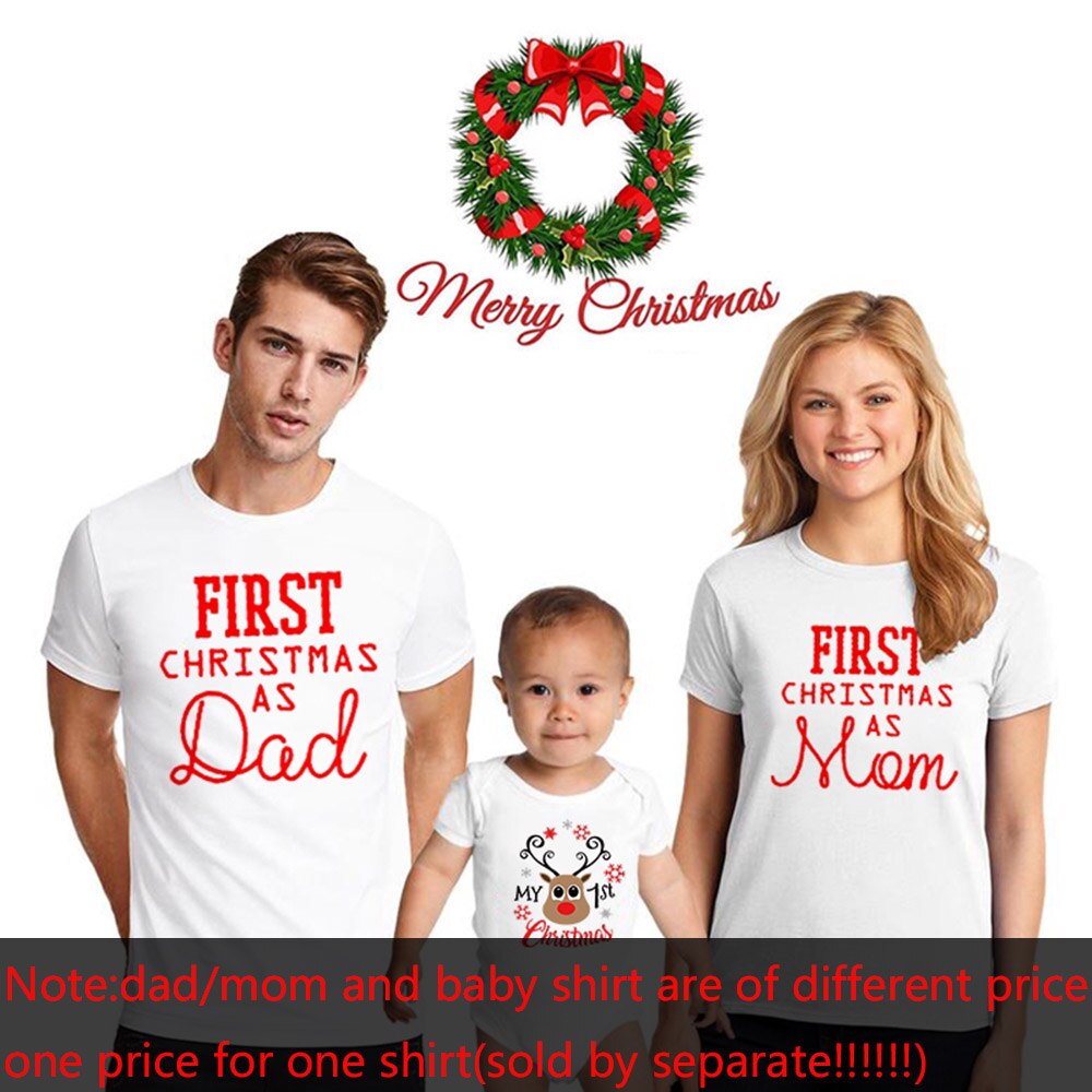 1pc första jul pappa&mamma t-shirt bebis söt tröja mamma pappa och bebis 1st jul familjelook kläder slitage