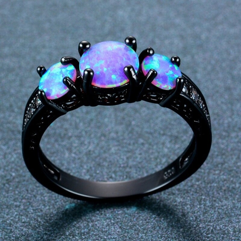 Requintado feminino redondo azul fogo opala moda anel preto ouro enchido anéis de casamento para as mulheres do vintage jóias anillos mujer