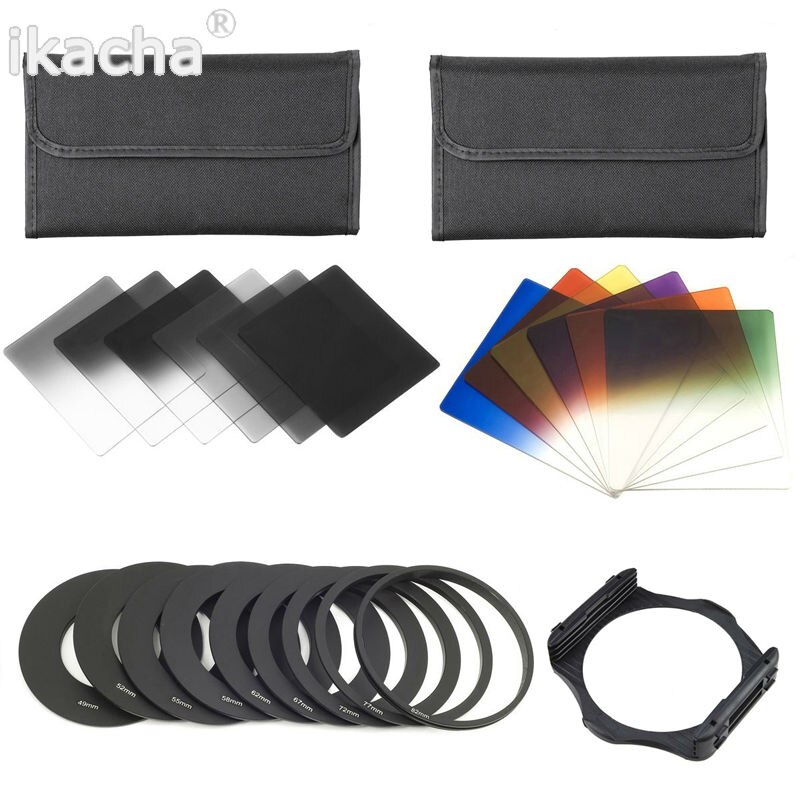 Kit de filtre de densité neutre dégradé ND2 + 4 + 8 + 16, filtre bleu Orange rouge + 9 adaptateurs pour Cokin série P pour toutes les caméras