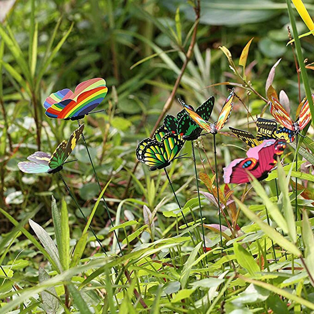 50pcs Colorful Garden Butterflies Stakes Patio Butterfly Ornaments On Sticks Plant Decoration Garden Ornament