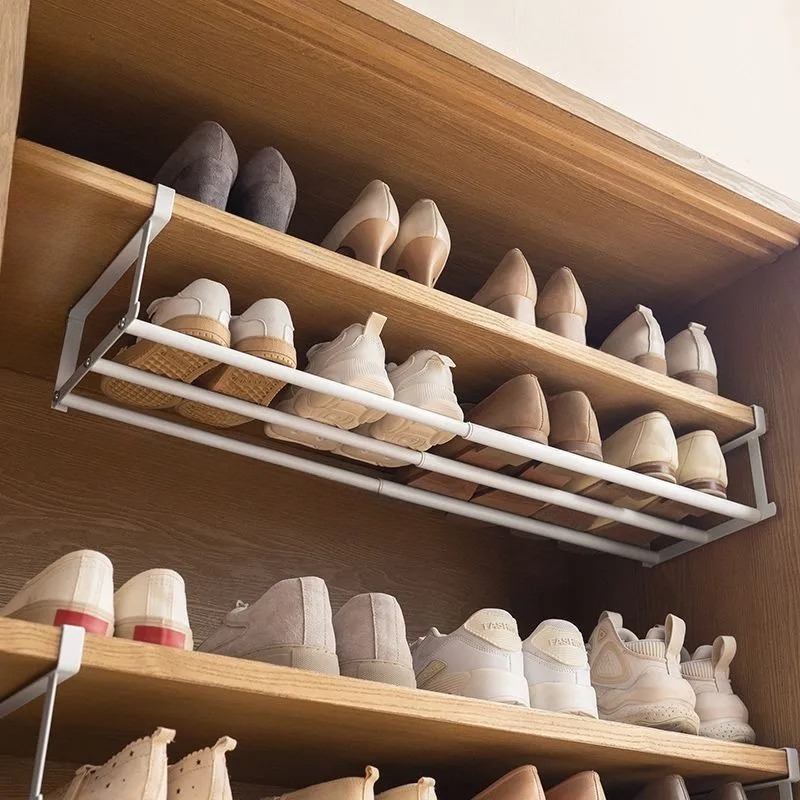 Étagère à chaussures réglable, organisateur superposé peu encombrant pour armoires à chaussures de maison, porte-chaussures sous étagère avec panier suspendu: Default Title