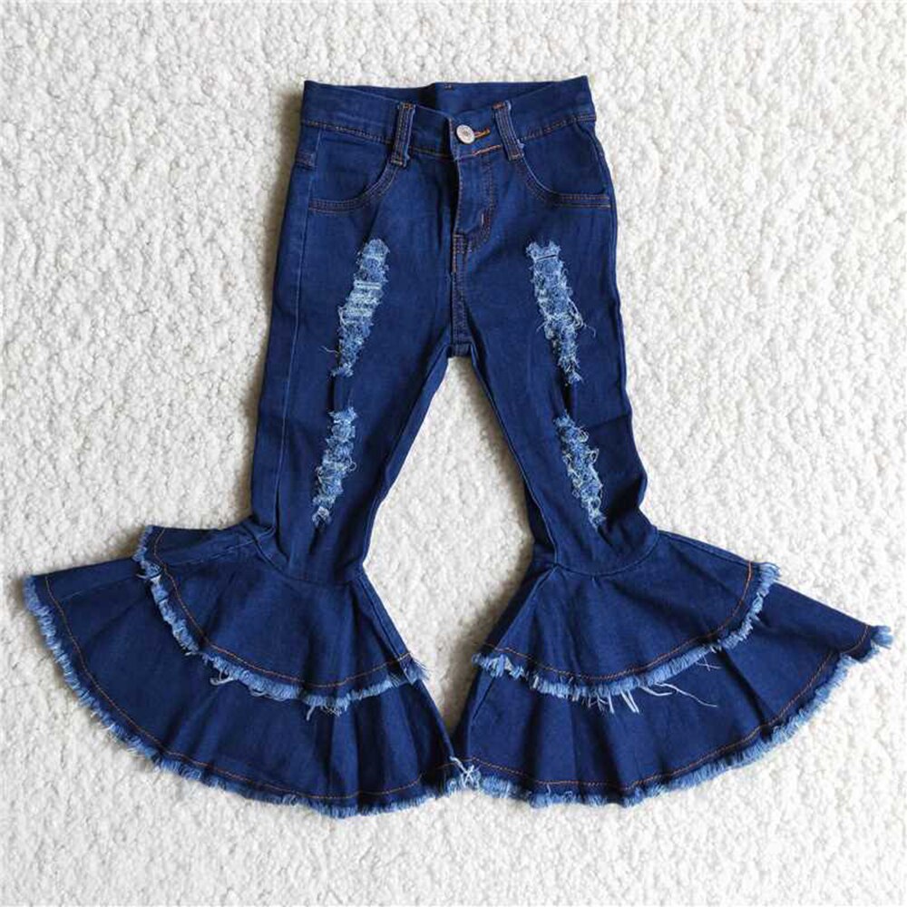 kids style jeans girl Double-layer jeans little girls Ripped jeans bellpants with ruffles: 4T