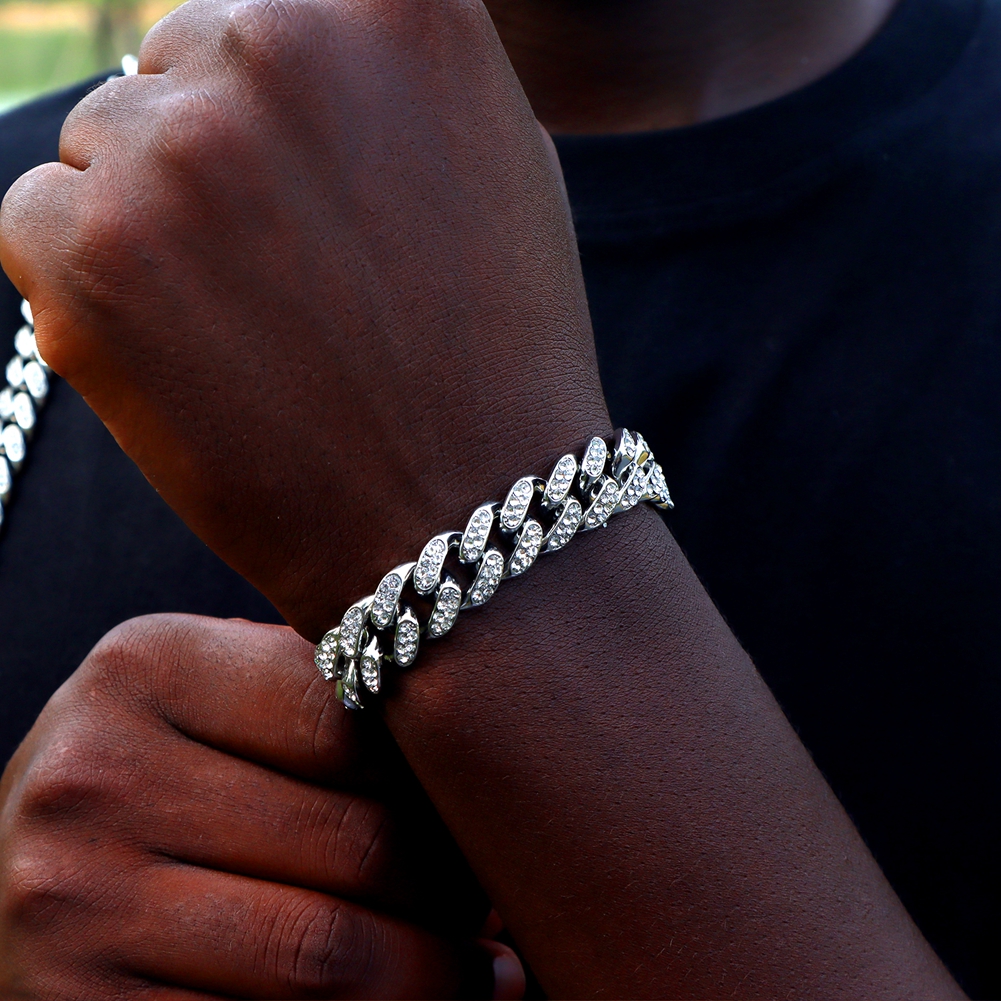 Pulseras de cadena cubana con eslabones helados de 14MM para hombres y mujeres, diamantes de imitación completos, pulsera cubana gruesa de Miami, de joyería Punk Hip Hop: 17 cm / Color marrón amarillo