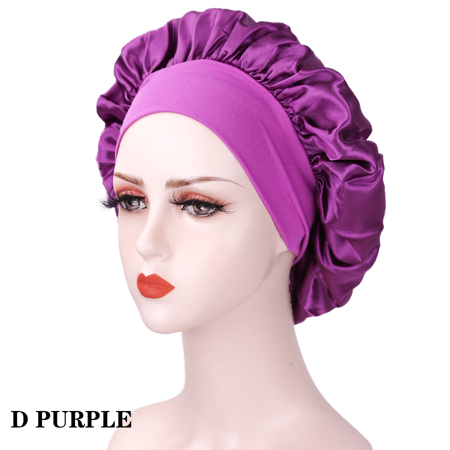 Wide Elastic Band Women Satin Night Sleep Cap Hair Bonnet Hat Silk Head Cover Women&#39;s Satin Solid Sleeping Hat Night Sleep Cap: D PURPLE