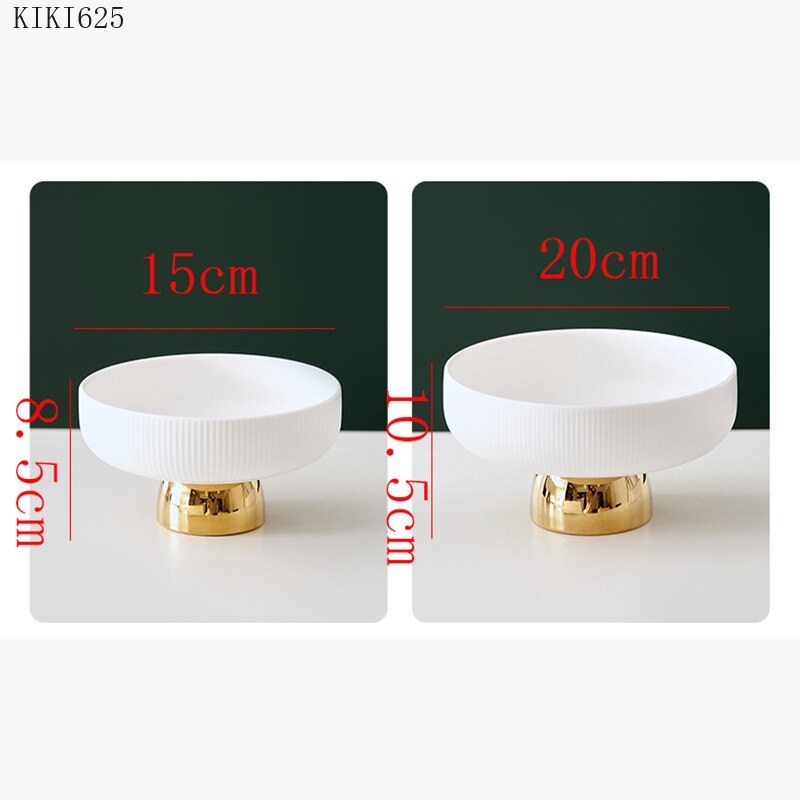 Luxury Ceramic Tall Fruit Snack Tray High-end White Vertical Pattern Candy Jewelry Cosmetics Storage Tray with Golden Base For