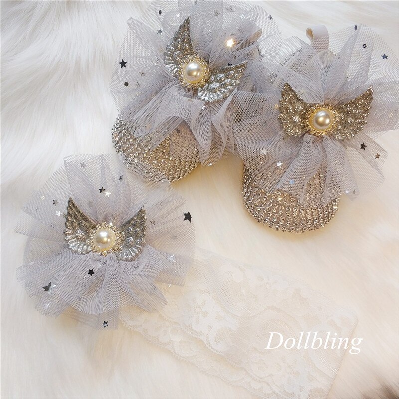Original bebé hecho a mano azul estrellas gasa perla alas cristal zapatos princesa cumpleaños banquete Luna Llena foto de 100 días