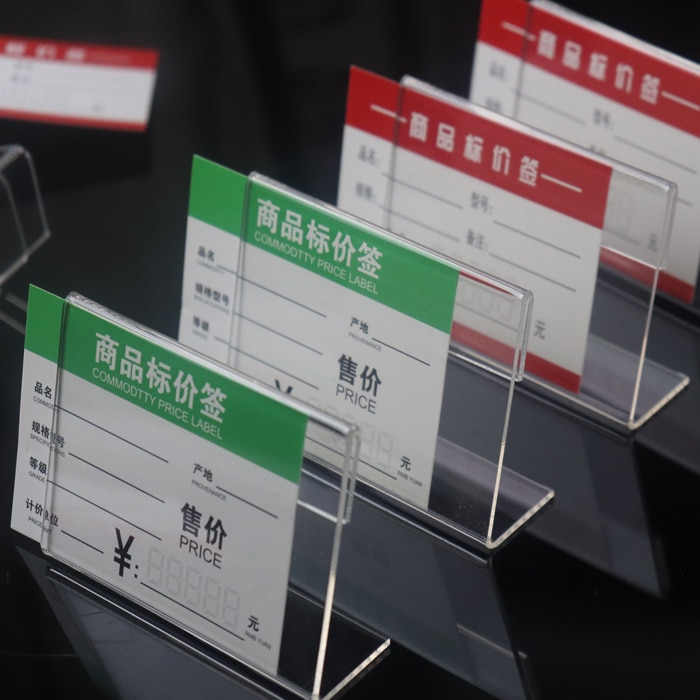 10 pcs Acrylic Clear Plastic Desk Sign Label Stand L Shape Table Card Price Tag Holders Frame Label Tag Paper Display