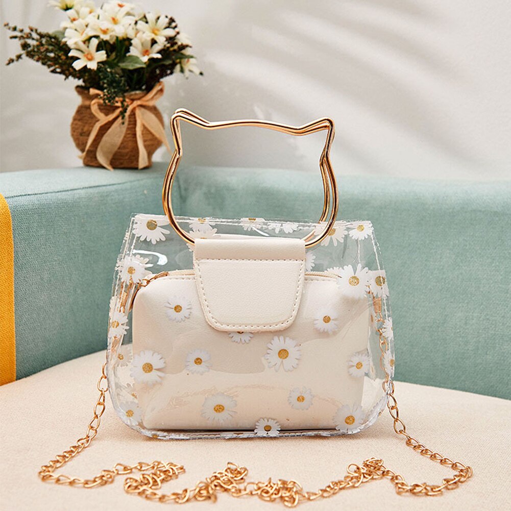 Schouder Waterdichte Draagbare Voor Vrouwen Casual Daisy Patroon Keten Transparant Crossbody Handtas Messenger Met Inner Pouch: WHITE