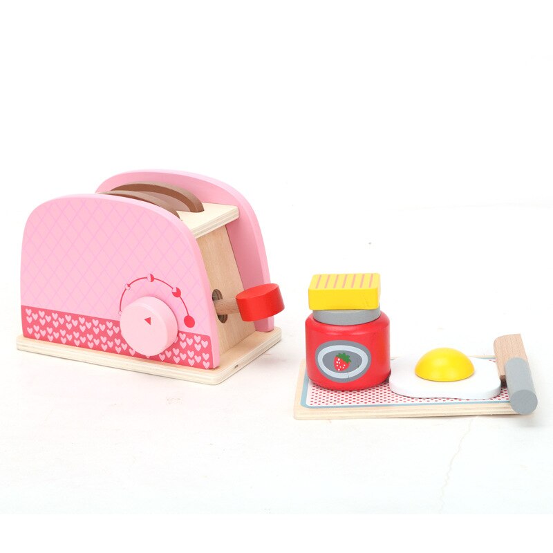 Kitchen Toys Imitated Chef Pretend Cooking Food Play Dinnerware Set Safe Cute Children Girl Wooden Educational Toy Game: toaster pink