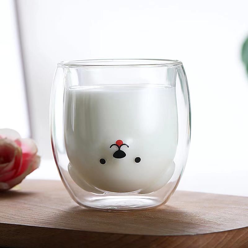 Glass Mugs Double Wall Glass Mug Bear Cat Dog Animal Double-layer Glass Tea Mug Coffee Cup Christmas Mug Cute Tea Milk Cup: D