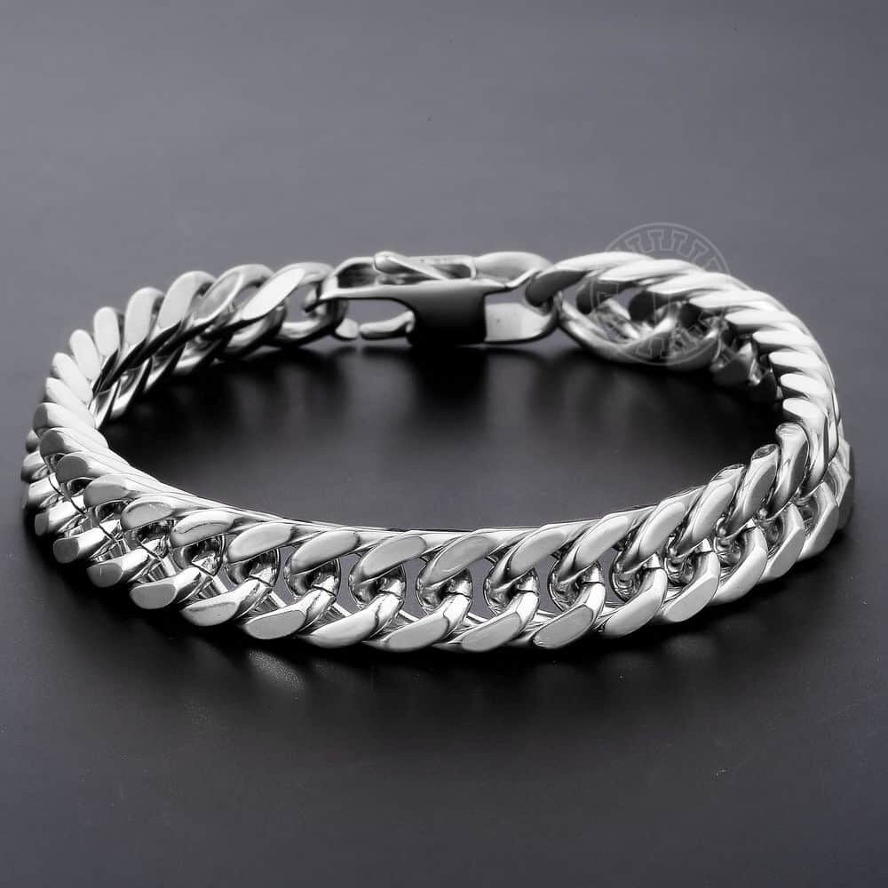 316L Stainless Steel Bracelet For Men Silver Color Tone Cut Double Curb Link Chain Rombo Mens Bracelets 10mm Wide LHB512A