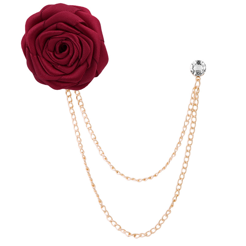 Korean Bridegroom Wedding Brooches Cloth Art Hand-made Rose Flower Brooch Lapel Pin Badge Tassel Chain Men's Suit Accessories: Blue Zinc Plated