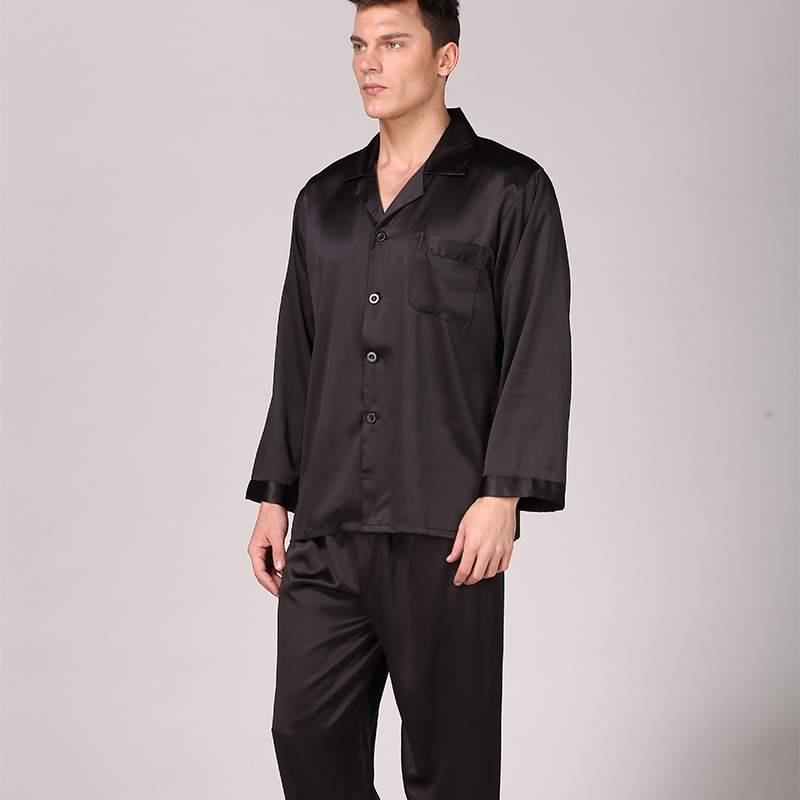Nattøy menn svart nattøy langermet pyjamas sovedrakt for menn husklær silke pyjamas for menn nattøy herre pyjamasett: Ren svart / 3xl 82-95 kg