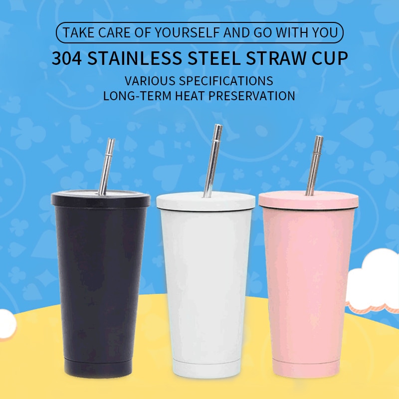 500ml Stainless Steel Coffee Mug With Lid Beer Mugs For Tea Cup Metal Cup Drink Straw Drink Straw Travel Cups for Home