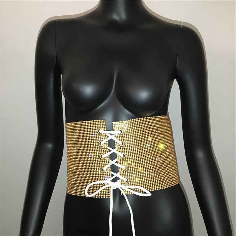 Crystal Pailletten Cumberbanden Vrouw Strass Riem Buikband Brede Vrouwen Streetwear Lace Up Corset Broeksbanden: Goud