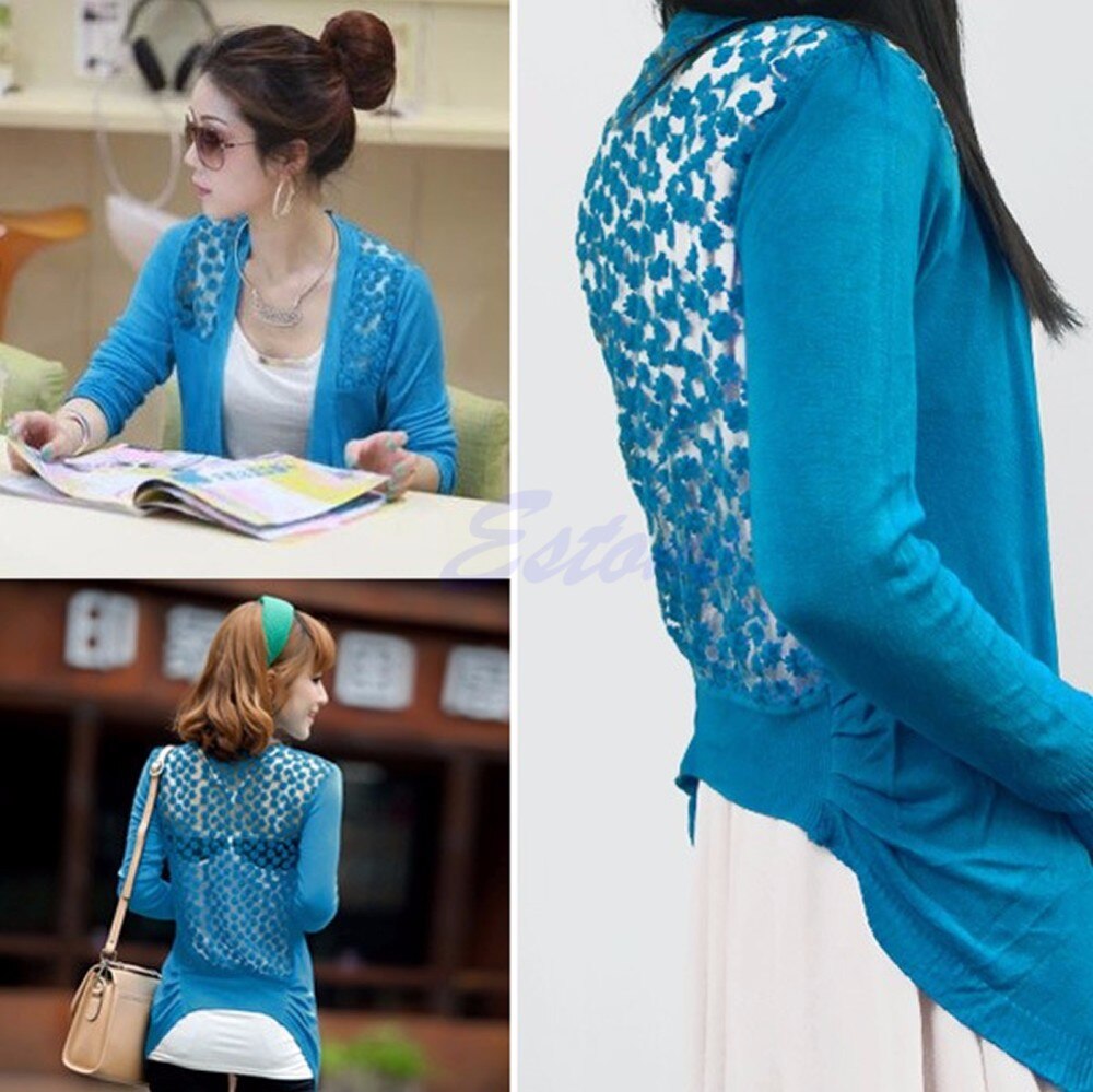 Vrouwen Lady Hollow Kant Gebreide Sweet Candy Kleur Crochet Knit Blouse Top Coat Trui Vest Lange Mouwen Slanke Dunne Out jas
