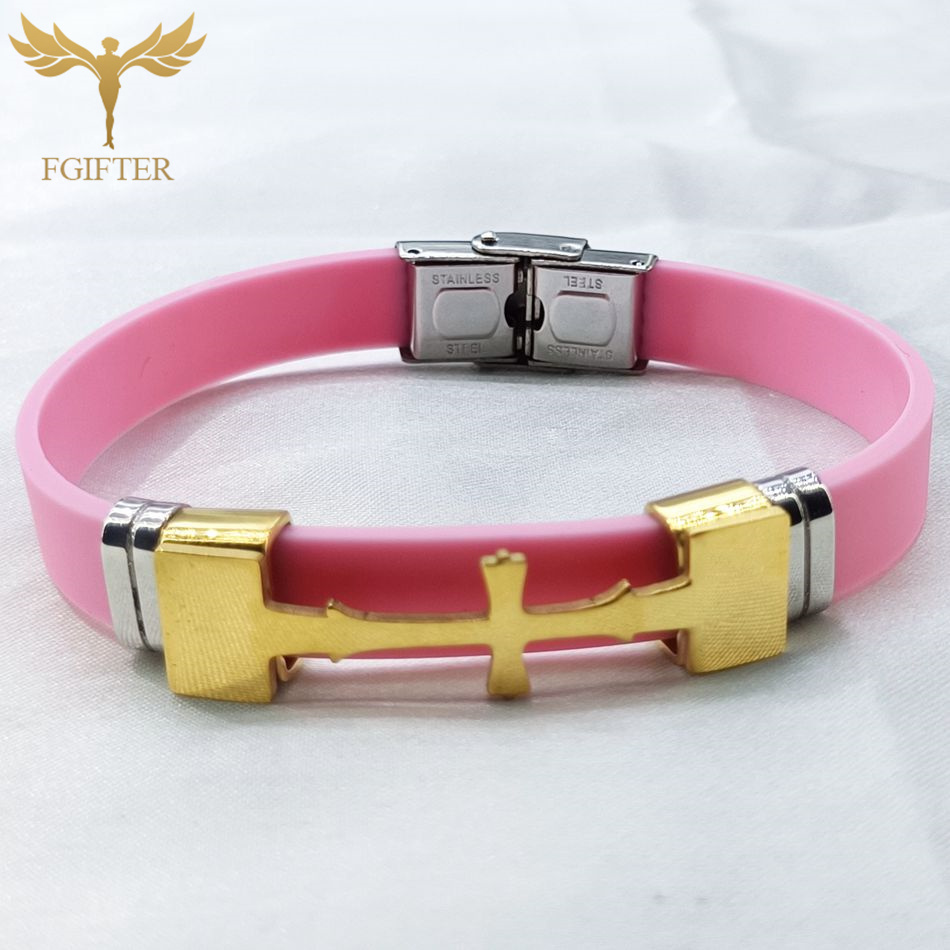 Guldfarvet rustfrit stål kors symbol tilbehør armbånd flere farver gummi armbånd kristen religion smykker: 17cm / Mørkt guld