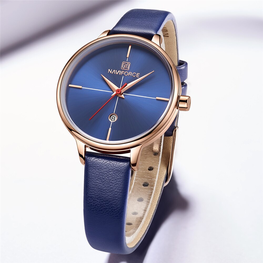 NAVIFORCE Vrouwen Horloge Mode Quartz Lady Blue PU Horlogeband Datum Casual 3ATM Waterdicht Horloge voor Meisje Vrouw Vrouw