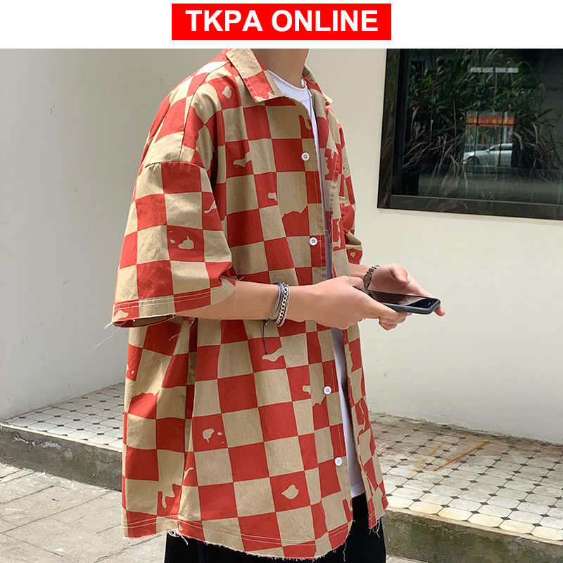 Los hombres coreano a cuadros camisas de manga corta de Verano de las mujeres Harujuku blusas ropa informal japonesa Hip Hop abotonada camisas