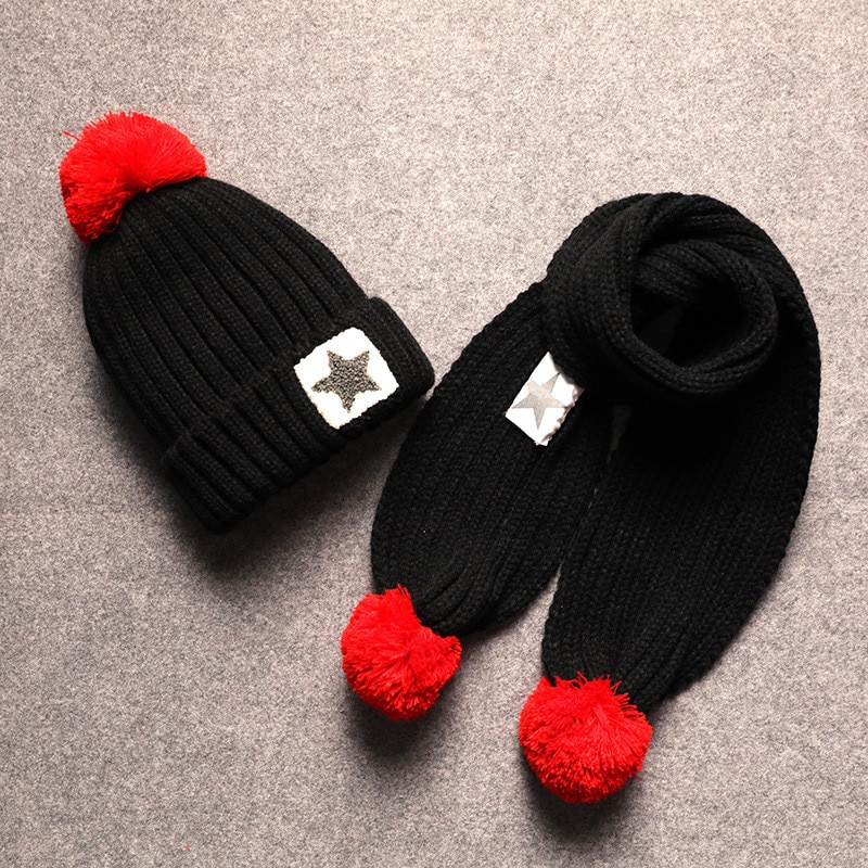 Winter warme kinderset met muts en sjaal voor kinderen, gebreide fluwelen muts, sjaal, babymeisje, jongen, effen pompon, muts, sjaal: Zwart