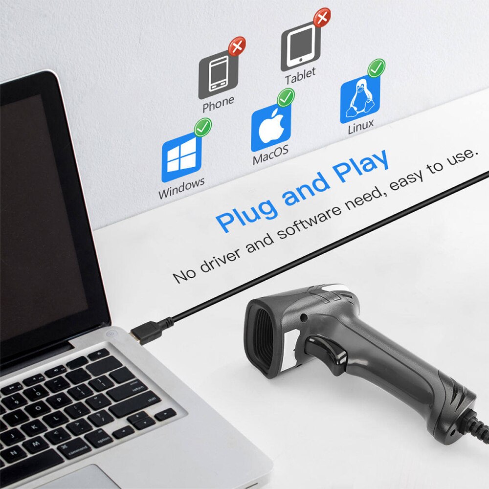 1D/2D QR Barcode Reader Handheld Portable USB Wired Code Barcode Scanner Data Matrix Barcode Image for Supermarket Warehouse