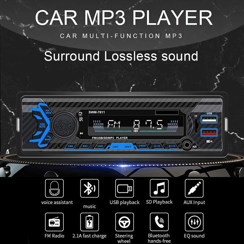 Single Din Car Stereo With Voice Control, FM Radio System,Bluetooth Handfree Calling,Daul USB Fast Charging,Mp3 Player