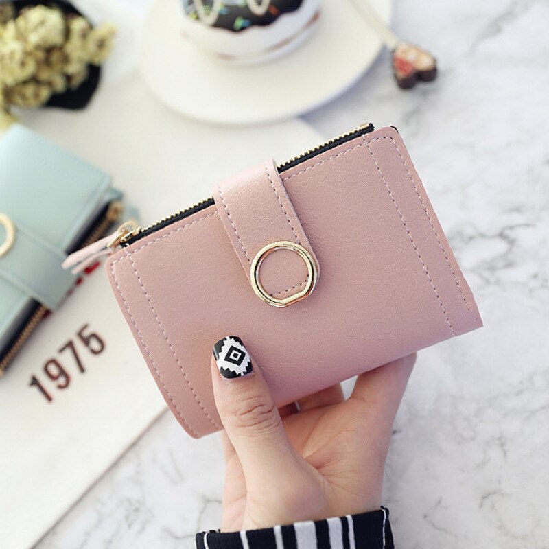 Wallet Leather Women Wallet Long Pu Leather Purse Zipper Metal Circle Decor Wallets Female Hasp Coin Purse Clutch Black: Short-LightPink