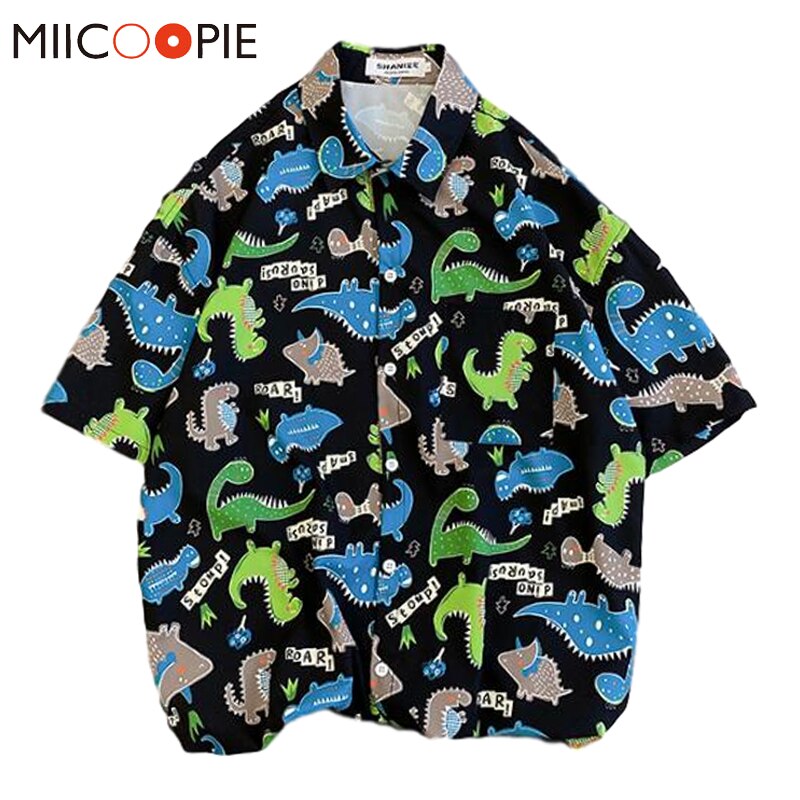 Zomerse harajuku blouse heren tops turn-down kraag losse korte mouwen heren overhemd casual dinosaurus print hawaii shirts